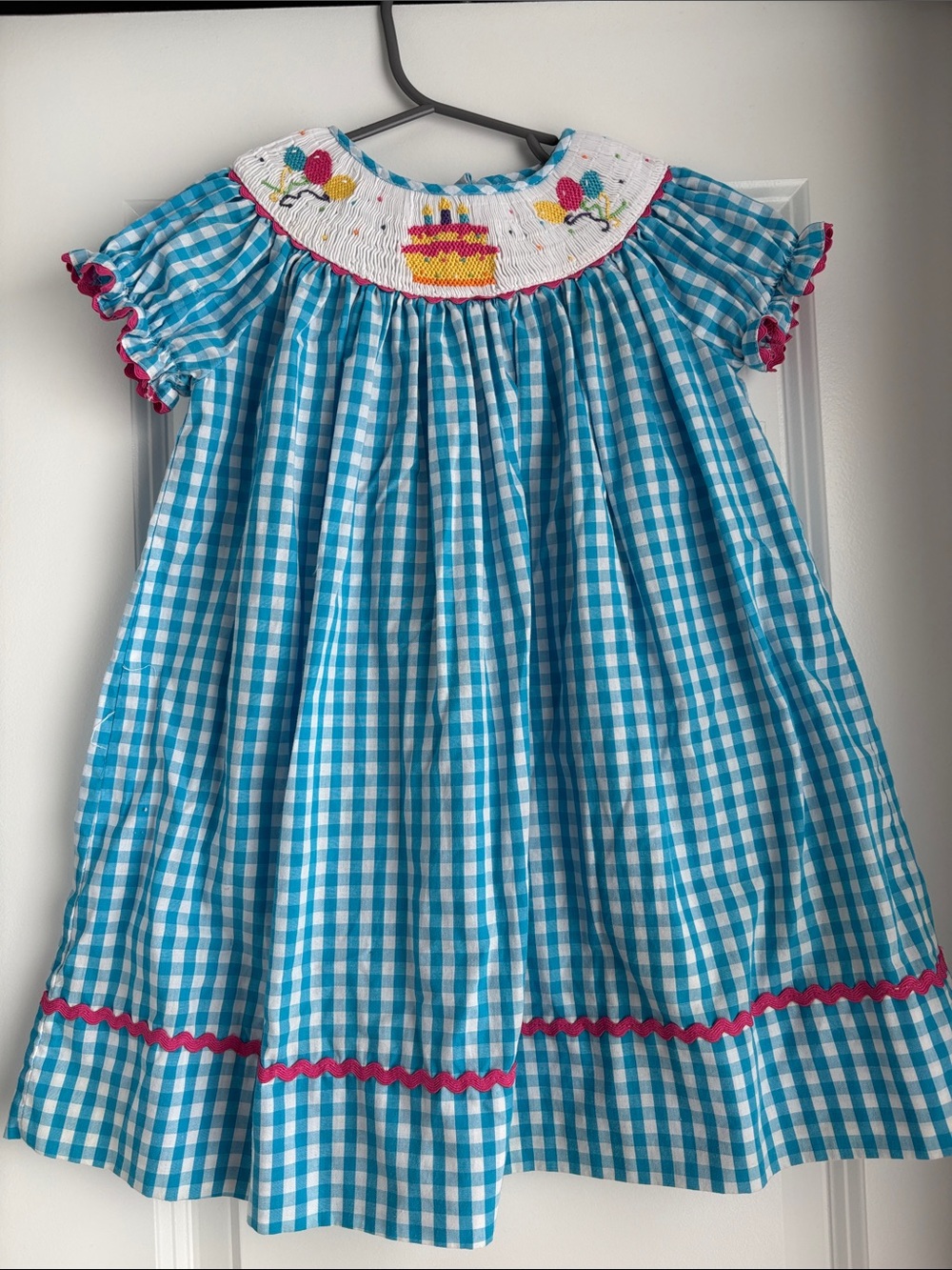Marmellata Blue And White Gingham Smocked Birthday Dress with Balloon Embroidery